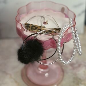 Earring Bundle Black Fox Fur, Faux Pearl Hoop Earrings & Gold Tone Leopard Print